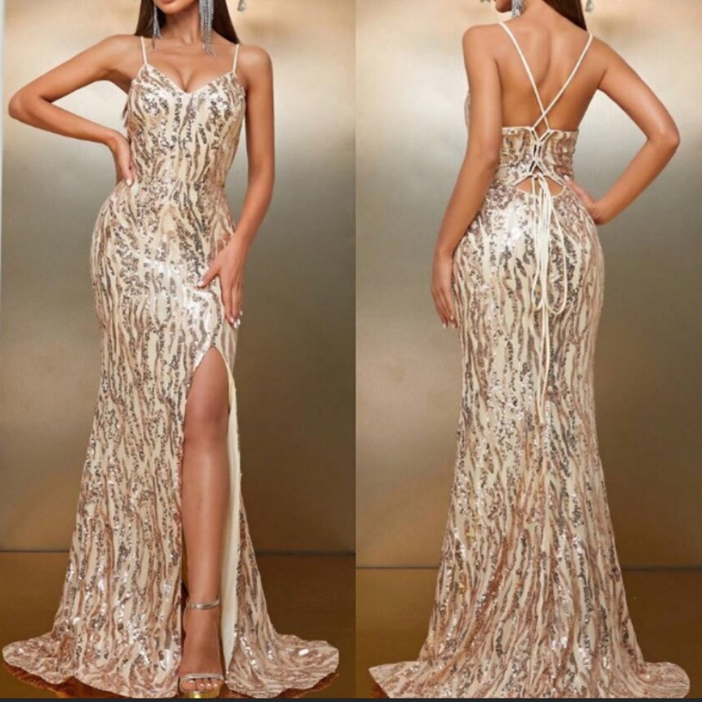 Luxe slit thigh party wedding prom gown sequins dress